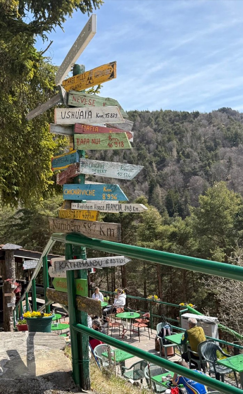 World signpost at Rifugio Pedercini — Ushuaia, Kathmandu